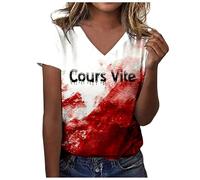 Camiseta estampada para mujer, manga corta, cuello en V, blusa de verano, Rosa intenso., L