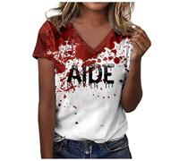 Camiseta estampada para mujer, manga corta, cuello en V, blusa, ropa de negocios para mujer, Rojo sandía, L