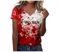 Camiseta estampada para mujer, manga corta, cuello en V, top, blusa, leggings, calavera, mujer, Color rojo., M