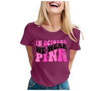 Camiseta estampada Top 4 del Mes Internacional del Cáncer de Mama para Mujer Manga Trompeta, Rosa., XL