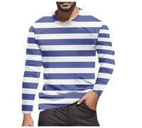 Camiseta europea para hombre con estampado de rayas con cuello redondo y manga larga en azul marino corte casual de tendencia para actividades al aire libre se puede usar durante todo el año, azul