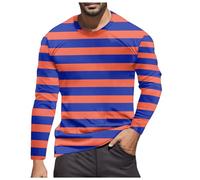 Camiseta europea para hombre con estampado de rayas con cuello redondo y manga larga en azul marino corte casual de tendencia para actividades al aire libre se puede usar durante todo el año, naranja