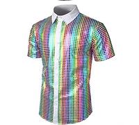 Camiseta FEA Camisas Hombre Roupa Homem Plancha Ropa Camisa Hippie Americana Lentejuelas Negra Fiesta Años 70 Pullover Conjunto Vestir Blanca Rosa Talla Grande Seda Elegante 70S XL De Fuerza Pana