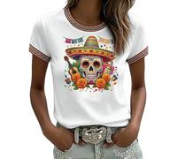 Camiseta Femenina con Alegre Estampado Festivo Manga Corta Tejido Transpirable diseño cómodo Ligero para Celebraciones navideñas Descanso en casa y reuniones Familiares