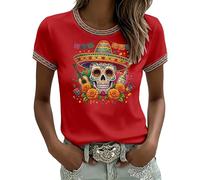 Camiseta Femenina con Alegre Estampado Festivo Manga Corta Tejido Transpirable diseño cómodo Ligero para Celebraciones navideñas Descanso en casa y reuniones Familiares