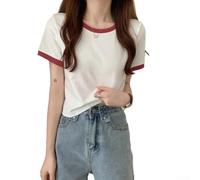 Camiseta femenina de bloque de color de manga corta con cuello redondo que adelgaza la moda coreana para uso diario (blanco M)