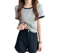 Camiseta femenina de bloque de color de manga corta con cuello redondo que adelgaza la moda coreana para uso diario (gris M)