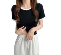 Camiseta femenina de bloque de color de manga corta con cuello redondo que adelgaza la moda coreana para uso diario (negro XXL)