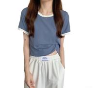 Camiseta femenina de bloque de color de manga corta con cuello redondo que adelgaza la moda coreana para uso diario (Azul M)