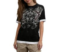 Camiseta Femenina de Manga Corta con Estampado gráfico Holgado y Capas superpuestas Blusa Casual Confortable Ligera para Uso Diario Ocasiones Informales Paseos al Libre