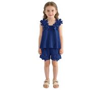 Camiseta floral de verano de 2 piezas para niñas, sin mangas, pantalones cortos a juego, cintura elástica a juego, ligeros separados para niñas de 2 a 8 años (azul oscuro, 3-4 años)
