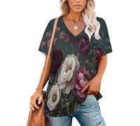 Camiseta Flores Oscuras Y Melancólicas de Mujer de Manga Corta con Cuello en V Camisetas Ramo De Tulipanes Y Peonías de Verano T Shirt de Casual y Versátil Top Oversize Elegante