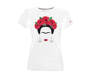 Camiseta - Frida Kalho estilizada con Rosas Rojas y aretes - Mujer - Blanco - M