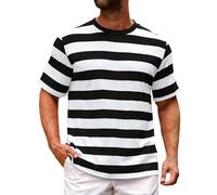 Camiseta genérica de manga corta para hombre, con rayas, cuello redondo, camiseta ancha a rayas, de algodón, de manga corta, cómoda, transpirable, sudoración, ropa de verano casual, 01#negro, M
