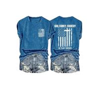 Camiseta genérica de manga corta para mujer con estampado de cruz con texto "God Family Country in That Order Cross Faith", azul, S