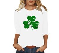 Camiseta genérica de manga para mujer de San Patricio Irlandés del Día Cuello Redondo Blusa de Cuatro Hojas Trébol Impreso Verde Portafelicidad Escocesa Trajes Ropa Festivos Fiesta Temática, Ao1white