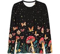 Camiseta genérica para mujer de manga larga, camiseta con estampado de hongos y mariposas, camisetas de alto cómodo, blusas para uso diario y salidas, ropa de mujer de moda, Negro110, L