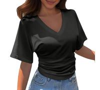 Camiseta genérica para mujer, manga corta, corte holgado, estilo Coreen, cuello en V, color liso, básico, verano decontracte, diario, ocio, Le Noir, 5X-Large