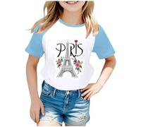 Camiseta genérica para niña, diseño de París con estampado conmemorativo de viaje, manga Raglán, paneles de colores de manga corta 2026 camiseta infantil regalo niña, azul claro, 5-6 Años