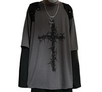 Camiseta gótica Harajuku de gran tamaño Y2K Grunge de manga larga sin botones, tops Acubi Emo Fake de dos piezas, ropa alternativa, Gris-oscuro, XXL