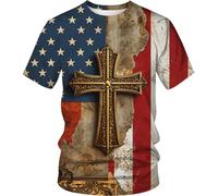 Camiseta gráfica 3D de cruz y rayas para hombre, diseño de creencia patriótica, cuello redondo cómodo, Cruzado1, L