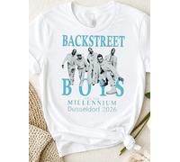 Camiseta Gráfica Blanca con Texto de BACKSTREET BOYS Into the Millennium Düsseldorf 2026 y Diseño de Foto del Grupo de Cinco Miembros, Camiseta Estampada para Mujer BLANCO L