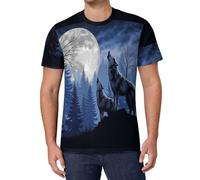 Camiseta Gráfica Hombre con Estampado Paisaje Nocturno del Bosque Patrón Lobo Luna Llena, Camiseta Manga Corta Casual Cuello Redondo, Camisetas Streetwear Verano S-6Xl