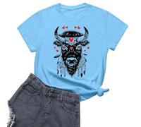 Camiseta Gráfica Mujer Casual Festival de Toros Española Cuello Redondo Suave Algodón Pantalones Navidad, azul celeste, XL