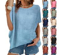 Camiseta grande de lino para mujer, cuello redondo, manga corta, camiseta básica, tallas grandes, blusa de lino, elegante túnica, informal, holgada, muselina, blusas, blusas, tallas S-5XL, A01 azul