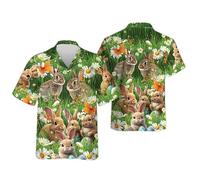 Camiseta Hawaiana de impresión 3D Funny Bunny para Hombres/Mujeres con Botones y Manga Corta con gráfico de Conejo y Huevo de Pascua Blusa para Primavera y Vacaciones