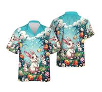 Camiseta Hawaiana de impresión 3D Funny Bunny para Hombres/Mujeres con Botones y Manga Corta con gráfico de Conejo y Huevo de Pascua Blusa para Primavera y Vacaciones