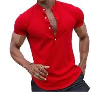 Camiseta Hawaiana para Hombre, Cuello Alto Manga Corta Superior Informal de Vacaciones en la Playa Red Mediano