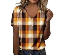 Camiseta Henley con cuello en V para mujer, manga corta, puños divididos, estampado bohemio, a rayas, casual, ajuste holgado, para verano, vacaciones, playa, café, 3XL