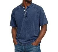 Camiseta Henley de algodón para hombre, manga corta, con botones, vintage, para verano, casual, ajuste regular, azul oscuro, 4XL