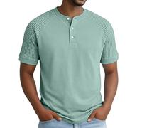 Camiseta Henley de manga corta con botones para hombre, diseño de retazos, estilo informal, ajuste regular, para verano, verde, XL