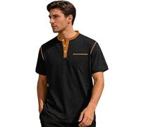 Camiseta Henley de manga corta con botones para hombre, ligera, informal, con botones, Negro, L