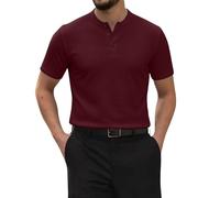 Camiseta Henley para hombre, manga corta, con botones, texturizada, para negocios, casual, trabajo, golf, Vino, L