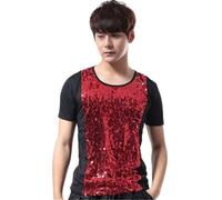 Camiseta Hip Hop de Lentejuelas para Hombre, Ajuste Holgado Manga Corta Urbana Red Mediano