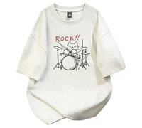 Camiseta Holgada con Estampado Gato Baterista Rock - Albaricoque - 3XL