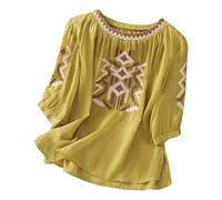 Camiseta Holgada de Manga Corta con Bordado de Lino para Mujer, Estilo étnico Retro literario, con Cuello en V y Cuello Halter.#Z