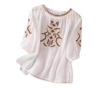 Camiseta Holgada de Manga Corta con Bordado de Lino para Mujer, Estilo étnico Retro literario, con Cuello en V y Cuello Halter.#Z