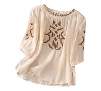 Camiseta Holgada de Manga Corta con Bordado de Lino para Mujer, Estilo étnico Retro literario, con Cuello en V y Cuello Halter. # L