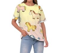 Camiseta holgada de manga corta para mujer, con estampado de poni de dibujos animados, Colorido, S