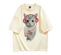 Camiseta holgada estampada gato con auriculares punteada - Albaricoque - M