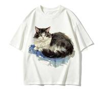 Camiseta holgada estampado gato bicolor estilo pintura - Beige - XL