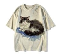 Camiseta Holgada Estampado Gato Bicolor Estilo Pintura - Blanco - XL