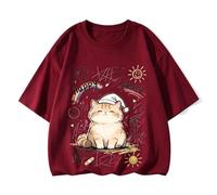 Camiseta Holgada Manga Corta Estampa Gato con Gorro de Dormir - Rojo - S