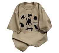 Camiseta Holgada Manga Corta Estampado Siluetas de Gatos Negro - Gris - 3XL