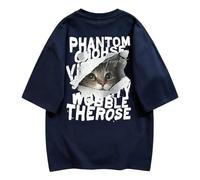 Camiseta Holgada Manga Corta Estampado Trasero Gato Papel - Azul Marino - M