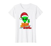 Camiseta Holiday Greetings from Planet Ho Ho Ho Alien Peace Camiseta gráfica económica, Mujer, Blanco, XS